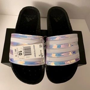 Adidas boost sandals slides Sz 10 iridescent adilette 3 stripe w/ box